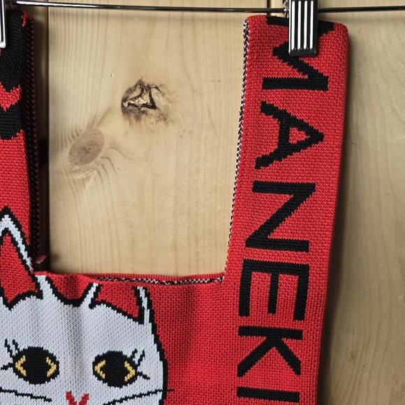 Manekineko Lucky Cat Red Knit Soft Tote Bag Small - Picture 3 of 7